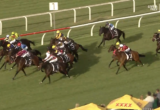 Horse race on a green turf course with jockeys in colorful silks; a pack of runners near the inner rails.