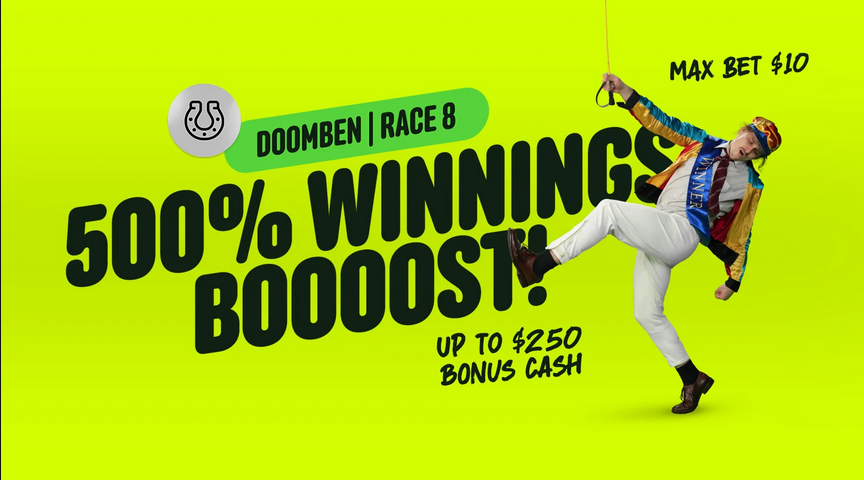 Doomben Booooooost Saturday | Just Horse Racing Bright neon green ad banner promoting a 500% winnings boost with up to 0 bonus cash and a man in a colorful outfit kicking on the right.