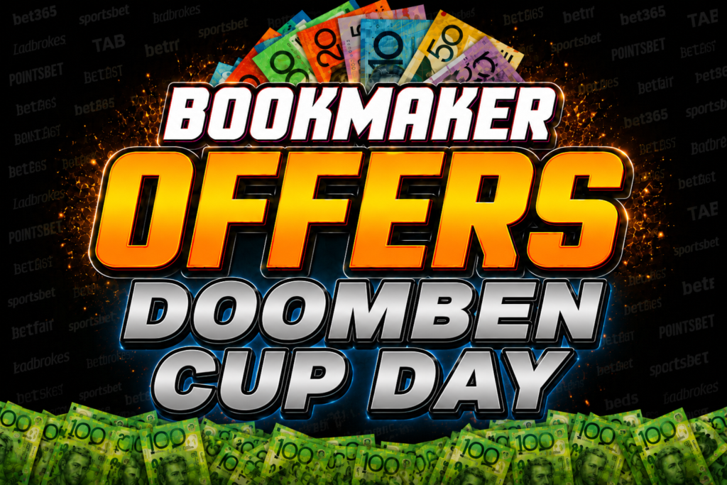Promotional banner reading 'Bookmaker Offers Doomben Cup Day' with colorful money and fiery glow.
