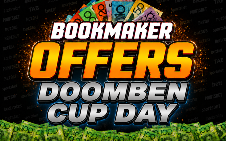 Promotional banner reading 'Bookmaker Offers Doomben Cup Day' with colorful money and fiery glow.