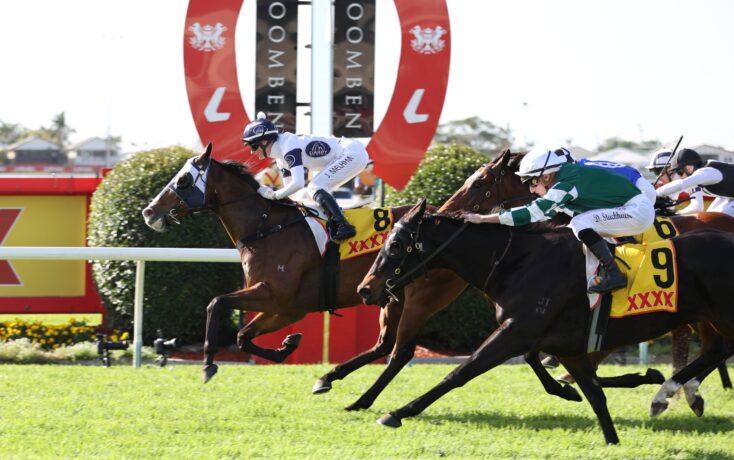 Horse race scene with multiple jockeys in colorful silks riding galloping horses on a green track, red banners in the background with sponsor logos.