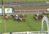 Group of thoroughbreds racing on a bright green turf track, jockeys in colorful silks pushing for the lead, AQUIS branding in the background.