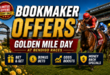 Promo banner for 'Bookmaker Offers' on Golden Mile Day at Bendigo Races, featuring a horse race scene with jockeys and bold gold text.