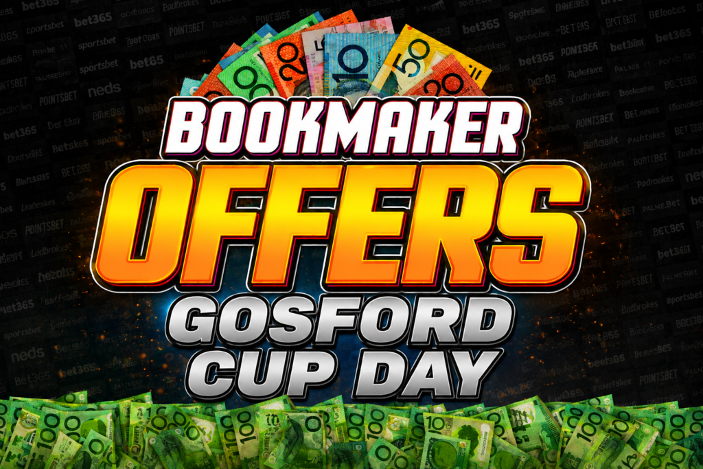 Bold banner reading 'Bookmaker Offers Gosford Cup Day' with scattered currency notes and a dark patterned background.
