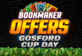 Bold banner reading 'Bookmaker Offers Gosford Cup Day' with scattered currency notes and a dark patterned background.