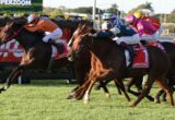 Jockeys in colorful silks race side-by-side on a green track, front runners near the camera with horses in full gallop behind a barrier.