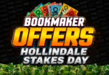 Bold promotional banner with colorful banknotes fanned at the top and large orange text reading 'OFFERS' with 'BoomMaker' above and 'Hollindale Takes Day' below.