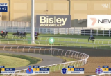 Horse race on a track with multiple jockeys and horses; advertising boards read 'Bisley Workwear' and '7 NEWS' in the background, lane markers visible.