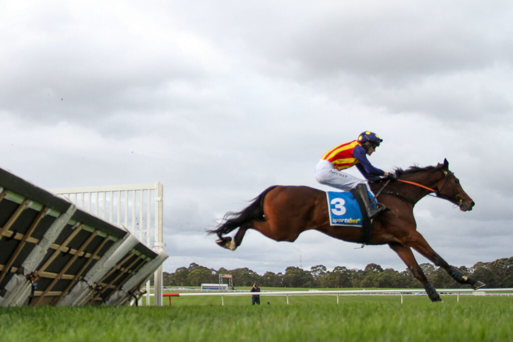 Horse and rider jumping over a wooden obstacle on a grassy field, rider wearing a red-yellow striped vest and blue sleeves with a helmet.