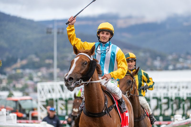 Jabez Johnstone | Just Horse Racing Jockey in a yellow helmet and blue-striped vest raises a whip while riding a brown horse; another rider in green and yellow follows behind at a race track with hills in the background.