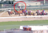 Jockey in a red cap appears mid-air above the track during a Belmont Park horse race (Race 8), with other horses close behind in the pack.