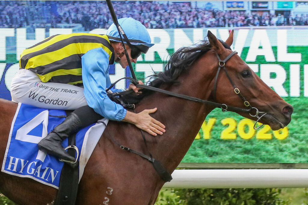 Jockey in blue and yellow silks rides a brown racehorse during a race, leaning forward in the saddle.