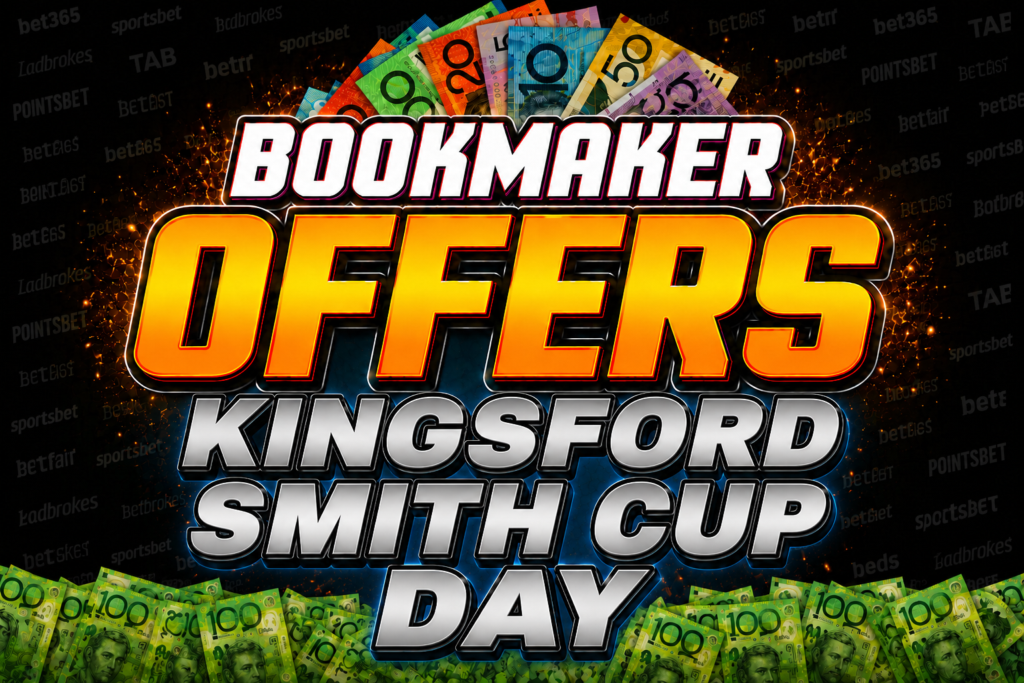 Promotional banner for Boomaker offers Kingsford Smith Cup Day with colorful money graphics and bold text at center