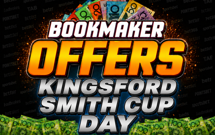 Promotional banner for Boomaker offers Kingsford Smith Cup Day with colorful money graphics and bold text at center