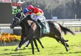 Two jockeys on racehorses neck-and-neck on a grassy track with a digital scoreboard in the background.