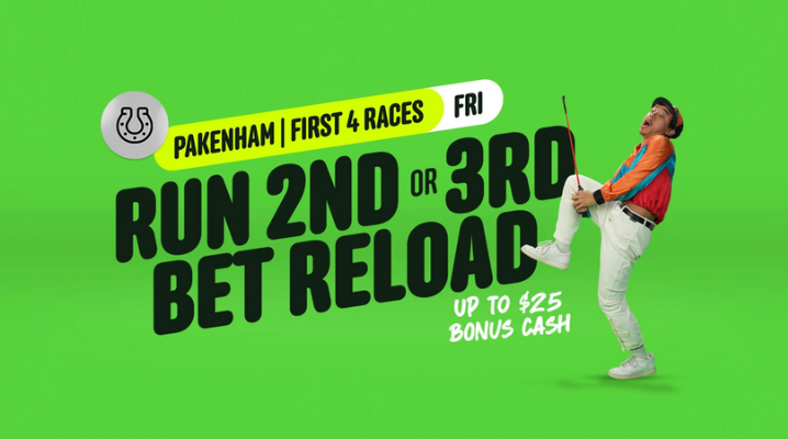 Promo graphic for Pakenham First 4 Races with bold black text: 'RUN 2ND OR 3RD BET RELOAD' on a bright green background; features a man in an orange shirt and white pants posing with a golf club and notes 'up to  bonus cash' on the banner.