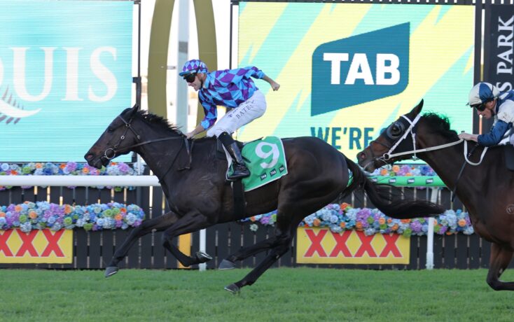 Two jockeys ride galloping horses in a race, with the lead horse wearing a green saddlecloth and the rider in blue diamond-pattern silks ahead of a rival.