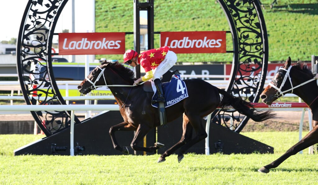 Horse and jockey in red-and-yellow star-patterned silks jumping over a decorative hurdle at a Ladbrokes racecourse banner backdrop.