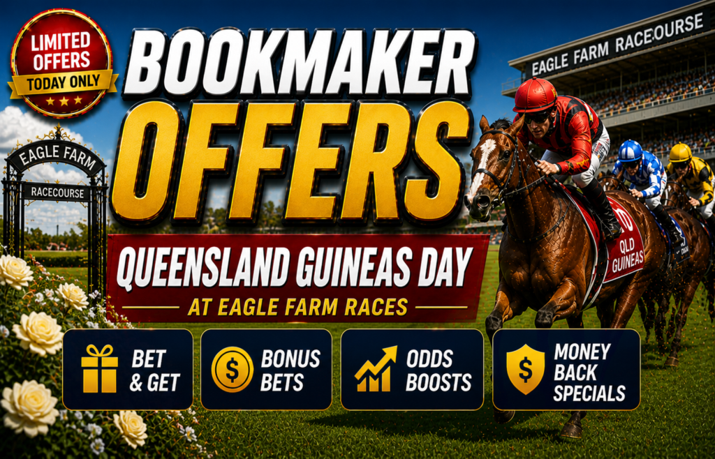 Promotional banner advertising bookmaker offers and Queensland Guineas Day at Eagle Farm Races with racing horses in the foreground.