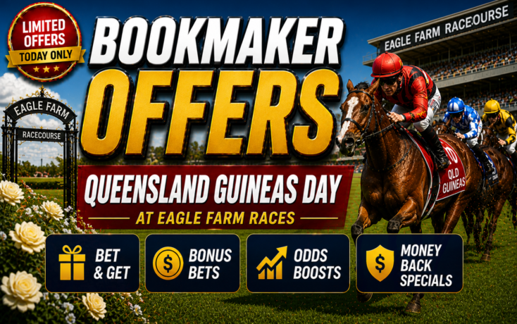Promotional banner advertising bookmaker offers and Queensland Guineas Day at Eagle Farm Races with racing horses in the foreground.