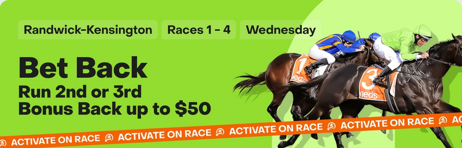 Bright green advert banner for Randwick-Kensington races 1–4 on Wednesday offering Bet Back and bonus back up to  for 2nd or 3rd place, with an orange 'Activate on Race' strip across the image.