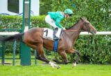 Brown racehorse with a blue girth is galloping on grass, ridden by a jockey in green silks and teal helmet; saddle cloth reads '1 CHANTILLY'.