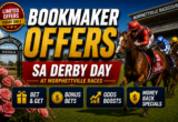 Promotional banner for SA Derby Day at Morphettville Races with jockeys in a photo finish and bold 'BOOKMAKER OFFERS' text; features buttons: Bet & Get, Bonus Bets, Odds Boosts, Money Back Specials.