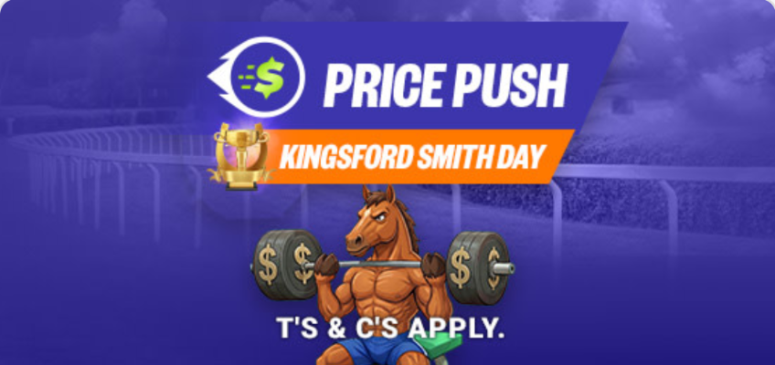 Promo banner for Price Push Kingsford Smith Day with a muscular cartoon horse lifting a barbell and a trophy on the left; blue and orange signage in the background.