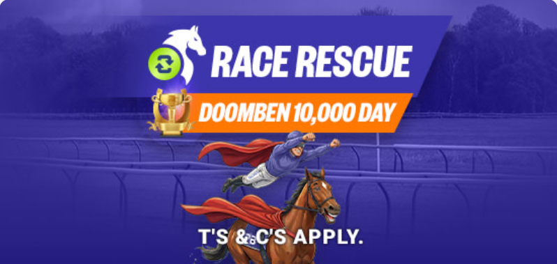 SAT RACING RACE RESCUE | Just Horse Racing Promotional banner for Race Rescue: Doomben 10,000 Day, featuring a jockey on a racing horse with a trophy and bold event text over a racetrack background.