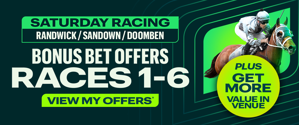 Promotional banner for Saturday racing with bold 'Bonus Bet Offers' and 'RACES 1-6', a lime 'VIEW MY OFFERS' button, and a jockey on a green horse with a lime badge reading 'Plus Get More Value in Venue'