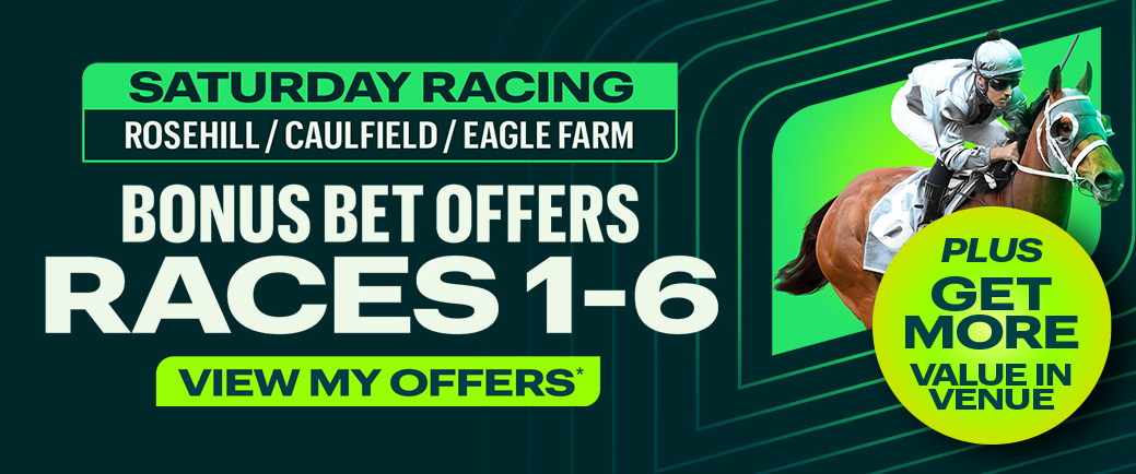 Saturday Racing Offer | Just Horse Racing Promotional banner for Saturday racing with 'Bonus Bet Offers RACES 1-6' and a 'View My Offers' button, featuring a jockey on a green background.