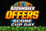 Bold promo banner: 'Bookmaker OFFERS' with colorful, fan-like banknotes at the top and money at the bottom, advertising Scone Cup Day