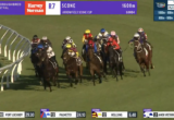 Horse race in progress on a turf track with jockeys in colorful silks; on-screen banners show sponsors and race details.