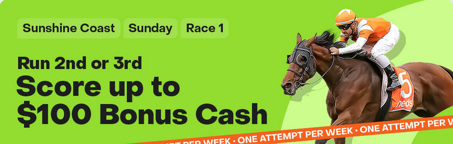Sunshine Coast race 1 Sunday | Just Horse Racing Bright green promo banner for Sunshine Coast Sunday Race 1: invites runners to place 2nd or 3rd to score up to 0 bonus cash, with a jockey on a horse to the right.