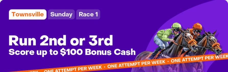 Townsville race 1 Sunday | Just Horse Racing Promotional banner for Townsville Sunday Race 1: 'Run 2nd or 3rd' with up to 0 bonus cash on offer, racing horses on the right.