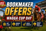 Promotional banner for Wagga Cup Day at Wagga Races, advertising bookmaker offers with bold gold letters and a horse race scene.