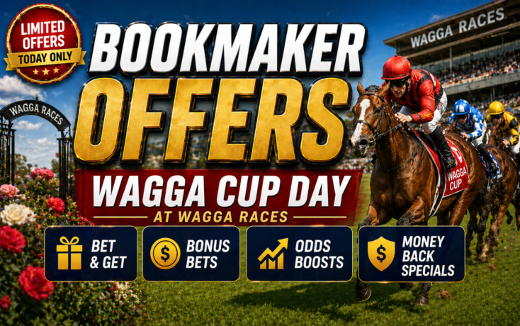 Promotional banner for Wagga Cup Day at Wagga Races, advertising bookmaker offers with bold gold letters and a horse race scene.
