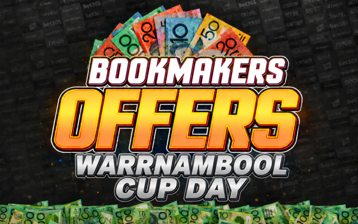 Colorful banner that says 'Bookmakers Offers' and 'Warrnambool Cup Day' with money graphics at top and bottom for promotion.