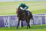 Jockey in green silks on a brown horse jumping a hurdle on a grass racecourse, with purple advertising boards in the background.