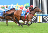 Horse race in progress with jockeys riding at full speed on a grassy track, colorful silks visible against a blue sponsor backdrop.