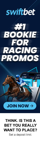 Swiftbet ad promoting racing promos with bold text, a jockey on a horse, and a prominent JOIN NOW button.