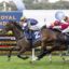 Thoroughbred horse race in progress on a grass track; lead horse wearing blue saddlecloth with number 2, jockey in yellow helmet; chasing pack behind in colorful silks.