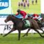 Horse race in progress: leading brown horse with green saddlecloth is ahead of two trailing horses on a grassy track under a large TAB banner screen.