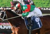 Jockey in green and red silks leans forward on a brown racehorse during a race.