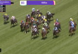 Group of thoroughbred horses racing on a green turf track under a TV broadcast with on-screen graphics (R3, 1005m).
