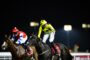 Jockey in bright yellow polka-dot silks riding a dark horse at a nighttime horse race, other riders nearby.