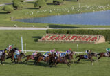 Horse race on a green turf track with jockeys in colorful silks, a pond and trimmed landscaping in the background.