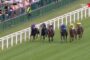 Seven jockeys in colorful silks race on a grassy track with white rails, spectators behind the rail, plus broadcast graphics on screen (Royal Ascot).