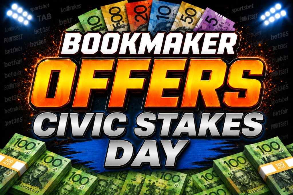 Promotional banner: 'BOOKMAKER ODDS DAY' in bold orange and silver, with money bundles and stadium lights in the background.