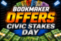 Promotional banner: 'BOOKMAKER ODDS DAY' in bold orange and silver, with money bundles and stadium lights in the background.
